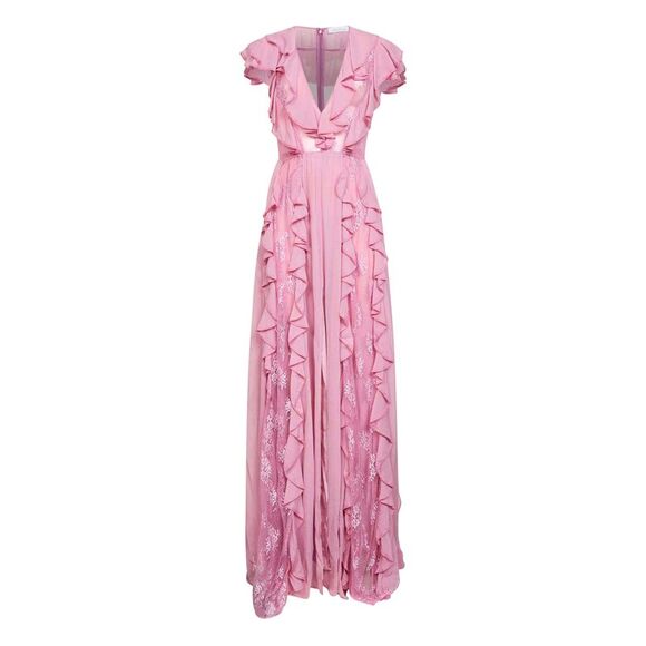Alina' Women Pink Georgette Long Dress With Lace Inserts